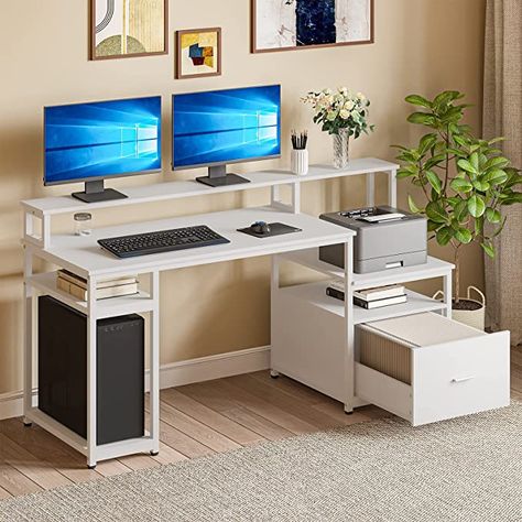 Amazon.com: Sedeta Computer Desk with File Cabinet Drawer and Storage Shelves, 66'' Large Home Office Desk with Hutch and Printer Shelf, Computer Table Study Writing Desk Workstation with Monitor Shelf, White: Furniture & Decor Office Desk With Printer Storage, Computer Table Design With Printer, Study Table With Printer Space Ideas, Computer Table With Shelves, Desk With Printer Shelf, Computer Table With Book Shelf, System Table Design, Printer Table Ideas, Desk With Printer Storage