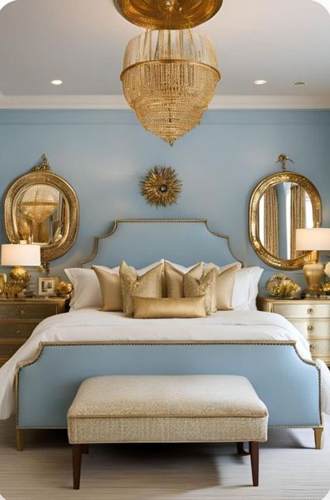 Light Blue And Gold Bedroom Ideas, Blue Gold Room, Light Blue And Gold Bedroom, Bridgerton Room, Blue And Gold Bedroom Ideas, Feminine Bedrooms, Navy Blue Bedroom Walls, Baby Blue Bedrooms, Tiffany Blue Bedroom