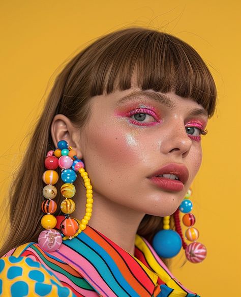 Dark Hair And Bangs, Big Tassels, Fun Portraits, Pink Eyeliner, Dolly Kei, Tassels Earrings, Pop Art Fashion, Reference Photos For Artists, Colorful Outfit