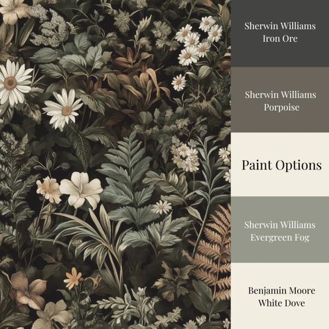 Fernhaven | GrimmRose Cottage Sherwin Williams Iron Ore and Fernhaven Wallpaper and the perfect partners. Iron Ore Paint, Front Room Library, Removable Wallpaper For Renters, Iron Ore Sherwin Williams, Sherwin Williams Iron Ore, Moody Botanical, Cottagecore Wallpaper, Mixed Media Art Tutorials, Floral Wallpapers