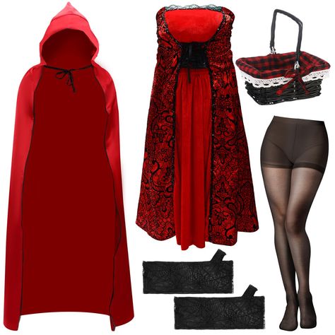 PRICES MAY VARY. Package List: our Halloween costumes for women consists of 1 piece of red hood cape, 1 piece of dress, 1 pair of stockings, 1 pair of gloves, 1 piece of picnic basket, nice combination enough to meet your decoration needs Exquisite Design: our red dress and red hood cape is especially designed for women have a full figure, which can show their charm when they wear this costume; Besides, the red and black color is classic and stylish, giving people a feeling of elegance; You can Plus Size Red Riding Hood Costume, Halloween Cape Costumes, Adult Female Halloween Costumes, Plus Size Costumes For Women Diy, Thrift Store Halloween Costume, Red Halloween Costumes, Red Hood Costume, Costume For Women Halloween, Hood Cloak