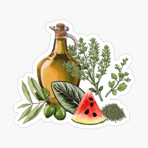 Get my art printed on awesome products. Support me at Redbubble #RBandME: https://www.redbubble.com/i/sticker/Olive-Oil-Thyme-and-watermelon-%D8%B2%D9%8A%D8%AA-%D9%88%D8%B2%D8%B9%D8%AA%D8%B1-%D9%88%D8%A8%D8%B7%D9%8A%D8%AE-by-AsmaaAbdulAzim/161819055.JCQM3?asc=u Olive Oil Sticker, Pretty Olive Oil Bottles, Thyme, Olive Oil, Watermelon, Awesome Products, Art Prints, For Sale, Art