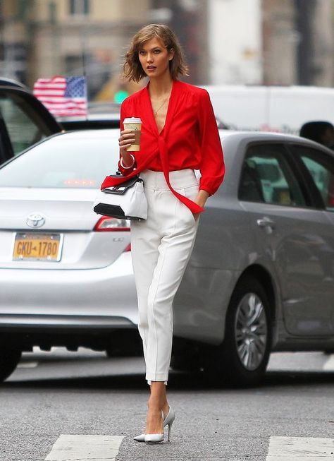 10 Different Ways To Wear Red On Valentines - Blogrope Red Blouse Outfit, Red Shirt Outfits, Karlie Kloss Style, Red Dress Outfit, Wear Red, Elegante Casual, Red Blouse, Karlie Kloss, Stylish Work Outfits