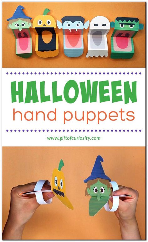 Halloween Hand Puppets: Your children will love creating their own Halloween Hand Puppets! These puppets will provide hours of fun as your children engage in pretend play with these fun Halloween creatures with BIG mouths. || Gift of Curiosity #giftofcuriosity #Halloween #homeschool #preschool #kindergarten Halloween Hand Puppets, Hand Puppets For Kids, Halloween Homeschool, Halloween Learning Activities, Big Mouths, Halloween Creatures, Halloween Resources, Puppets For Kids, Kids Pages