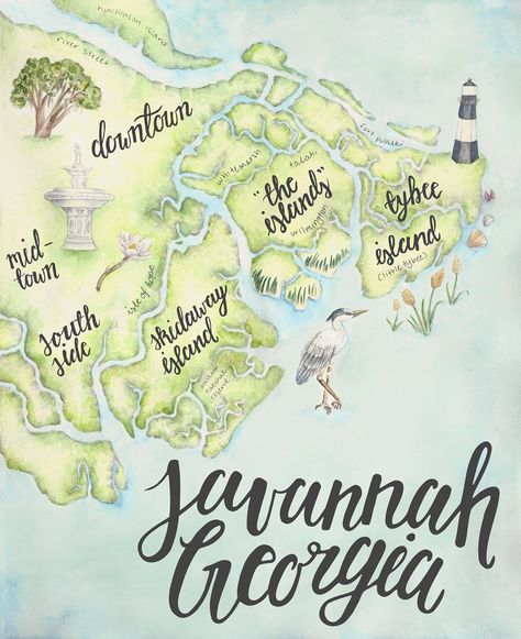 Savannah Georgia Map, Savannah Georgia Vacation, Savannah Georgia Travel, Coastal Watercolor, Georgia Map, Georgia Vacation, Georgia Travel, Georgia On My Mind, Tybee Island