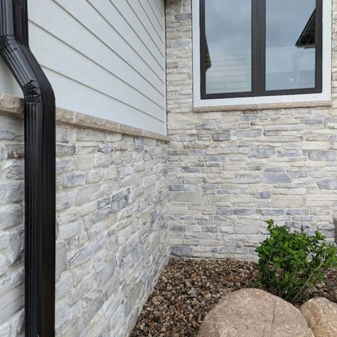 Exterior Stone Wainscotting, White Siding With Stone, White Siding Exterior, Grey Stone House, H And H, Stone Siding Exterior, Outside Paint, White Siding, Vertical Siding