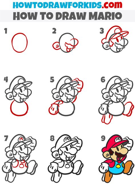 90s Cartoons Characters Drawings, How To Draw Disney Characters Step By Step, Mario Tutorial, Drawing Mario, Mario Face, How To Draw Mario, Disney Drawing Tutorial, Characters Drawing, Drawing Lessons For Kids