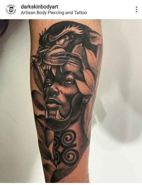 African Worrier Tattoo, Afro Tattoo Ideas Men, African Mythology Tattoo, African Leg Tattoo Men, Black God Tattoo, Neg Mawon Tattoo, Black King Tattoo, African King Tattoo, African Mask Tattoo