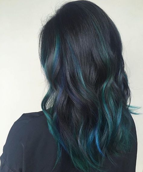 Dark Hair With Green Underneath, Black Hair With Teal Tips, Teal Hair Brunette, Blue And Green Highlights In Brown Hair, Turquoise Highlights On Black Hair, Teal Streaks In Black Hair, Black Hair With Blue Balayage, Dark Green Highlights In Black Hair, Blue And Green Highlights In Black Hair