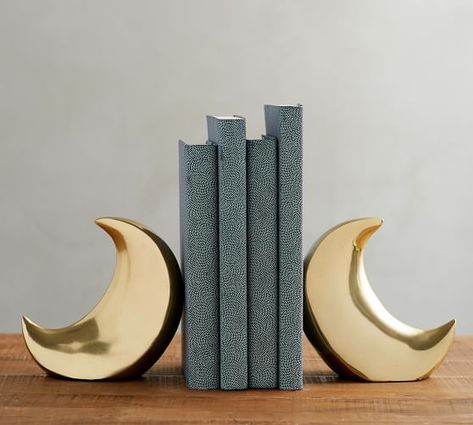 The Emily & Meritt Brass Moon Bookends, Set of 2 Cool Book Ends, Pottery Book Ends, Cute Bookends, Bookend Ideas, Ceramic Book Ends, Ceramic Bookends, Monochromatic Interior Design, Emily And Meritt, Moon Decor