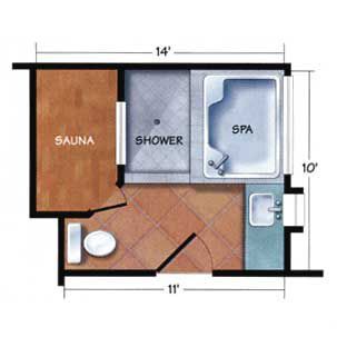 Bathroom With Sauna Layout, Sauna Bathroom Ideas, Corner Jetted Tub, Swinging Shower Door, Sauna Bathroom Design, Sauna Shower, Fixer Upper Bathroom, Home Spa Room, Sauna Design