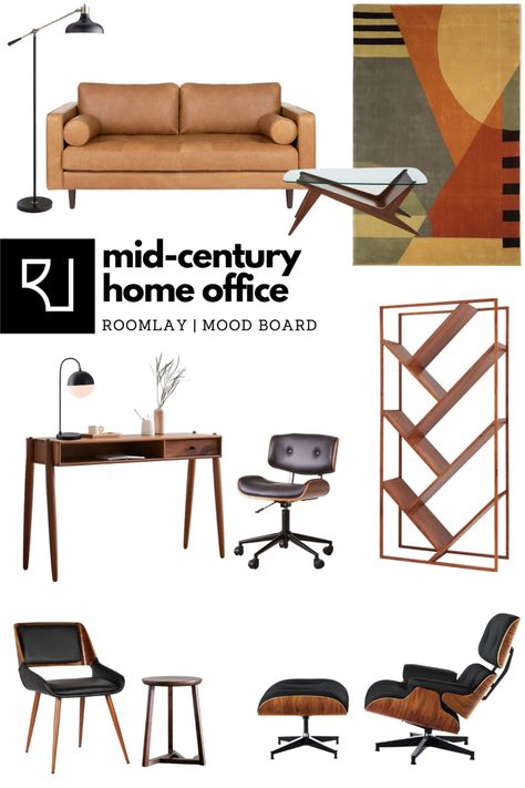 Mid-Century style home office furniture mood board. #homeoffice #midcentury #midcenturyofficechairs #midcenturyfurniture Mid Century Modern Mood Board, Mid Century Modern Office Design, Furniture Mood Board, Mid Century Modern Office Furniture, Mid Century Home Office, Office Mood Board, Feng Shui Home Office, Mcm Office, Modern Study Rooms