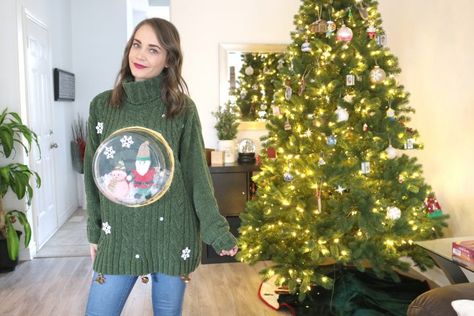 Diy Snow Globe Sweater, Snowglobe Ugly Christmas Sweater Diy, Snow Globe Ugly Sweater Diy, Snow Globe Sweater, Diy Ugly Christmas Sweater Ideas, Creative Ugly Christmas Sweater, Ugly Christmas Sweater Ideas, Christmas Sweater Ideas, Diy Christmas Sweater