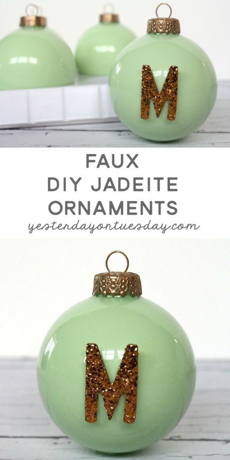 Faux Jadeite Ornaments | Yesterday on Tuesday Jadeite Ornaments, Ornaments Simple, Green Milk Glass, Clear Glass Ornaments, Green Milk, Monogram Stickers, Gold Spray Paint, Gold Spray, Americana Decor