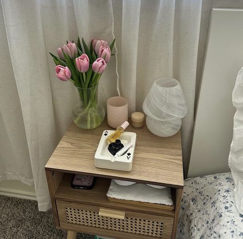 Room Ideas Aesthetic Side Table, Classy Nightstand Decor, Two Bedside Tables, Night Stand Set Up, Aesthetic Side Table Bedroom, Side Table Bedroom Aesthetic, Side Table Inspo Bedroom, Small Night Stand Decor, Cottagecore Bedside Table