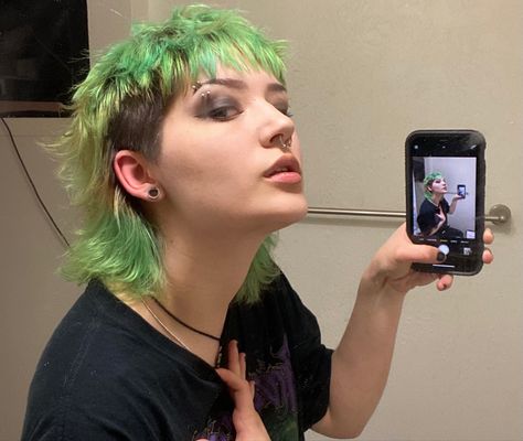 Split Dye Mohawk, Green Mullet Hair, Green Dyed Hair Men, Green Hair Mullet, Rainbow Mullet, Colored Mullet, Nonbinary Mullet, Dyed Mullet, Green Mullet