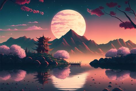 Anime Landscape, Japanese Castle, Japanese Landscape, Ancient Tree, Sunset Canvas, Art Japonais, Cool Wallpapers Art, Fantasy Art Landscapes, Dreamy Art