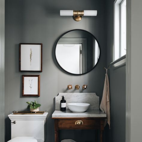 Powder Room Paint Colors, Powder Room Paint, Small Half Bathroom, Dark Gray Bathroom, Half Bathroom Remodel, Half Bathroom Decor, Double Bath, Powder Room Design, Bathroom Paint Colors