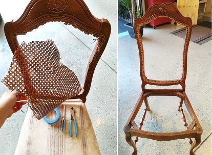 old ugly to new chic Rustic Chic Wall Decor, Diy Chairs, Dining Chair Makeover, Chic Dining Chairs, Dining Chairs Diy, Reupholster Chair Dining, Cane Back Chairs, Reupholster Chair, Upholstery Diy