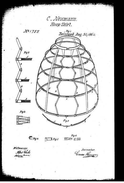 1859, C. Neumann. Patent 95136, reissued 1864. Hoop skirt with jointed front bands and separating clasps to front of hoops to allow skirt to be fully opened for stepping into while still collapsing up like a regular skirt in front. [jrb] Gym Suit, Hoop Skirt, 19th Century Style, White Ribbon, Petticoat, Victorian Fashion, Pattern