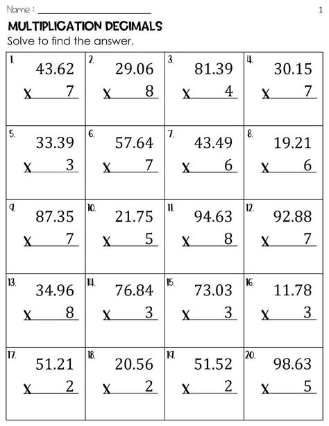 Multiplication of Decimals by Single Digit Whole Numbers Worksheets Decimal Multiplication Worksheet, Multiplication Of Decimals, Multiplication Practice Worksheets, Decimal Multiplication, Decimals Addition, Math Worksheets For Kids, Integers Worksheet, Multiplying Decimals, Math Decimals