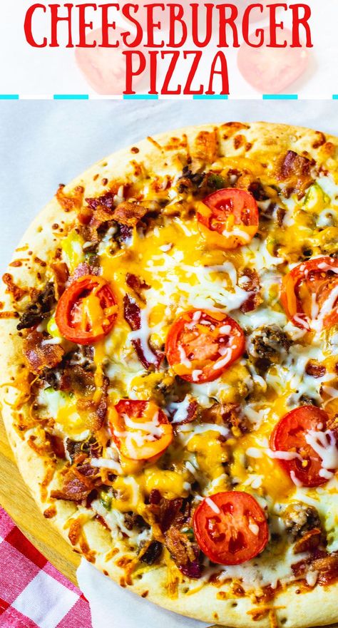 Cheeseburger Pizza- a delicious combination of two favorites. Mark Pizza, Cheeseburger Pizza Recipe, East Meals, Ultimate Cheeseburger, Unique Pizza Recipes, Cheeseburger Pizza, Hamburger Pizza, Ketchup And Mustard, Unique Pizza