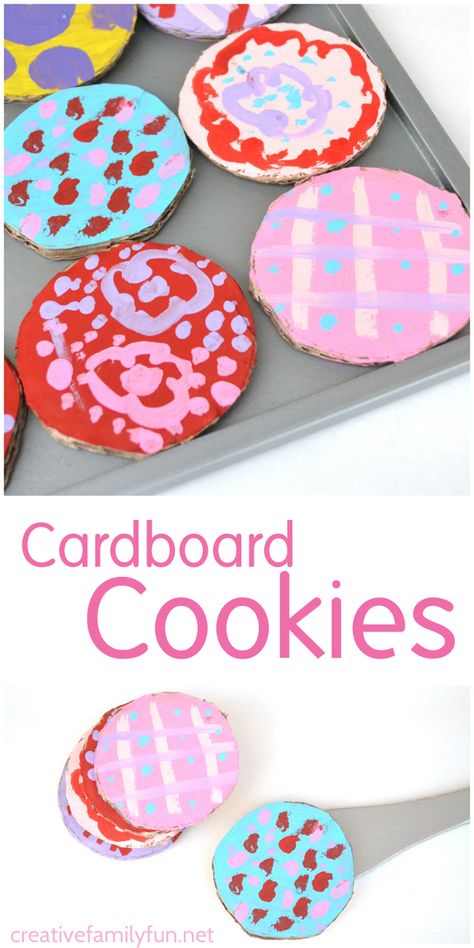 Use your scrap cardboard boxes to make up a batch of cardboard cookies that are so much fun to decorate. This is a simple kids craft that results in a fun pretend play toy. Cardboard Cookies, Recycled Crafts Kids Preschool, Cardboard Kids, Cardboard Ideas, Diy Karton, Cardboard Crafts Kids, Baking Crafts, Recycled Crafts Kids, Cookie Craft