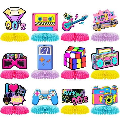 PRICES MAY VARY. 【What you will get】: 12pcs 90s party honeycomb decorations, each card is a different pattern, with an easy-to-use honeycomb base, set up a charming party with these 80s style table decorations! 【Quality Materials】: 90s retro honeycomb centerpieces are made of high-quality cardboard and base, beautifully printed, non-fading, no odor, bright colors, and reusable. 【Back to 1980's Design】: These 90s honeycomb centerpieces use classic retro elements such as records, TVs, disco light 90s Theme Party Decorations Diy, 90’s Decorations, 90s Theme Party Decorations For Adults, 1990s Birthday Party, 1990s Birthday Party Theme, 90s Birthday Party Theme For Adults, 90s Birthday Party Theme, Back To The 90s Party, 40th Birthday Celebration Ideas