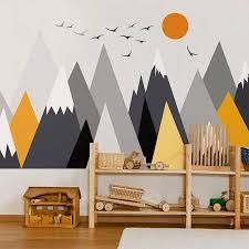 https://encrypted-tbn0.gstatic.com/images?q=tbn:ANd9GcSA-lNWCBTy09YjG1YMv2IC1Phq37dEKTtmBw&usqp=CAU Baby Room Wall Painting, Cartoon Mountains, Cloud Wall Decal, Kids Decals, Baby Room Colors, Kids Room Wall Stickers, Geometric Mountain, Room Wall Painting, Nursery Wall Stickers