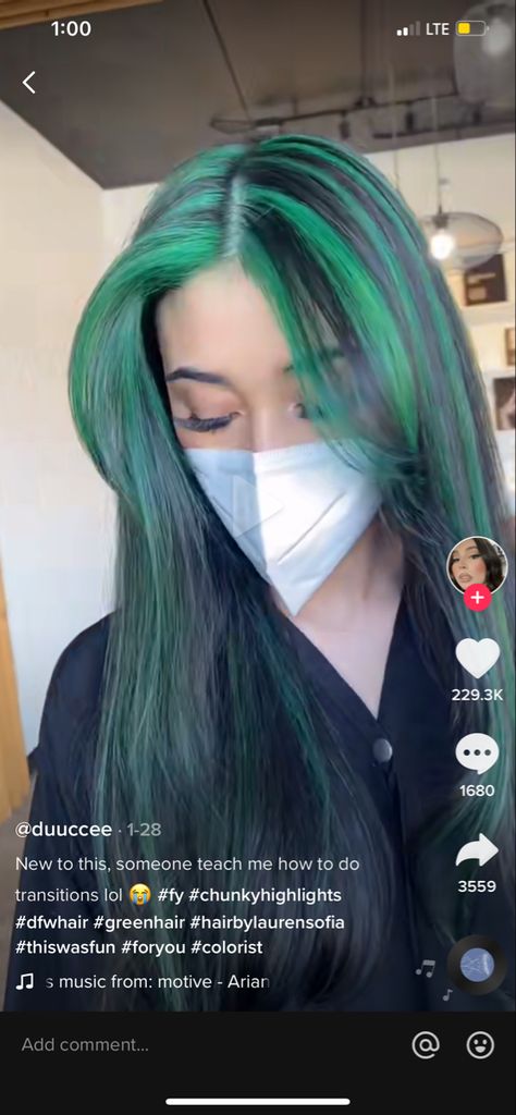 Mint Green Highlights In Black Hair, Green Streaked Hair, Streak Hair Dye Ideas, Chunky Green Highlights In Black Hair, Black And Green Skunk Stripe Hair, Dark Green Streaks In Hair, Green And Black Chunky Highlights, Brown And Green Hair Underneath, Green Hair With Black Highlights