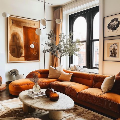 60+ Living Room Ideas Featuring a Cognac Couch - HearthandPetals Tangerine Couch Living Room, Orange Couches Living Room Ideas, Low Sectional Sofa, Rust Colored Couch Living Room, Cosy Eclectic Living Room, Cognac Living Room Ideas, Terracotta Sofa Living Rooms, Gold Sofa Living Room Color Schemes, Best Couch Color