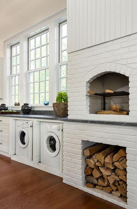 9 Inspiring Modern Rustic Laundry Rooms Indoor Pizza Oven, Rustic Laundry Rooms, Brick Pizza Oven, Brick Kitchen, Modern Laundry Rooms, Brick Oven, Farm Kitchen, Kitchen Fireplace, White Brick