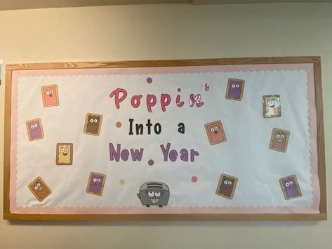 Poppin’ into a new year bulletin board New Year Board Decorations For School, Infant Bulletin Board, New Years Bulletin Board, New Year Bulletin Board, Shark Room, Room Deco, Bulletin Boards, Bulletin Board, Preschool