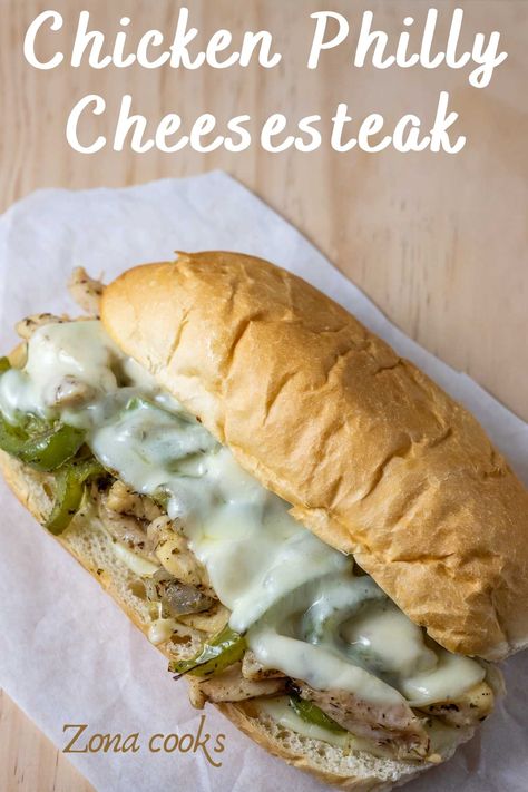 This Chicken Philly Cheesesteak has long crusty rolls filled with tender pan fried Italian seasoned boneless chicken, green peppers, onions, and melted provolone cheese. Oven Baked to melt the cheese and ready in about 30 minutes. Chicken Pasta With Zucchini, Chicken Green Peppers, Chicken Philly Cheesesteak, Chicken Cheesesteak, Pasta With Zucchini, Chicken Philly, Crusty Rolls, Philly Cheese Steak Recipe, Cheesesteak Recipe