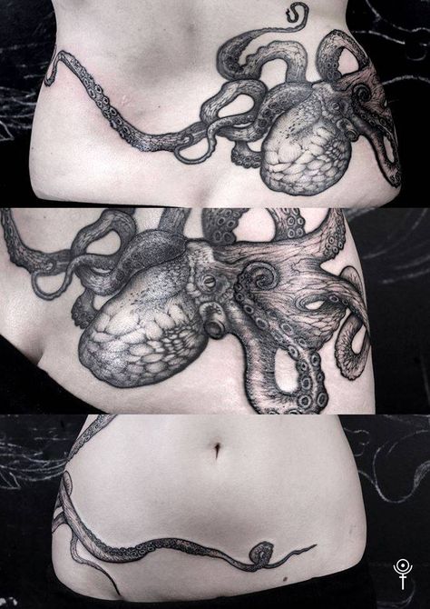 Artist: Gabor Zolyomi Tags: Blackwork, Illustrative, Engravings, Animals, Molluscs, Octopus, Ocean, On Women, Hip, Lower Back, Big Octopus Tramp Stamp, Cephalopod Tattoo, Octopus Project, Lower Back Tattoo, Animal Tattoos For Women, Tattoo Son, Octopus Tattoo Design, Octopus Tattoos, Lighthouse Tattoo