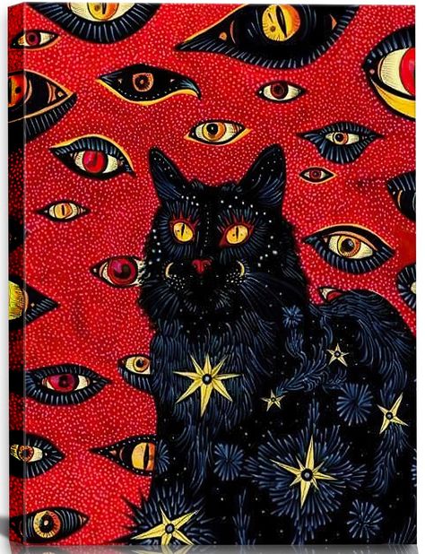 PRICES MAY VARY. Vintage and interesting black cat wall art, size: 16 "24" 1 piece, can hang, including suspension accessories, please rest assured to buy! Hippie psychedelic cat wall decoration using HD canvas printed on high quality canvas, high quality, high resolution, HD microspray, waterproof, UV protection, fade protection, environmentally friendly inkjet, gallery decoration best choice! Wall art photos for cat lovers, men, ladies, perfect for men, boys, sons, husband, boyfriend, he, wome Grafika Vintage, Art Aesthetic Room, Bohemian Wall Tapestry, Art Hippie, Mystical Animals, Handmade Tapestries, Posca Art, Cool Wall Art, Mandala Wall Art