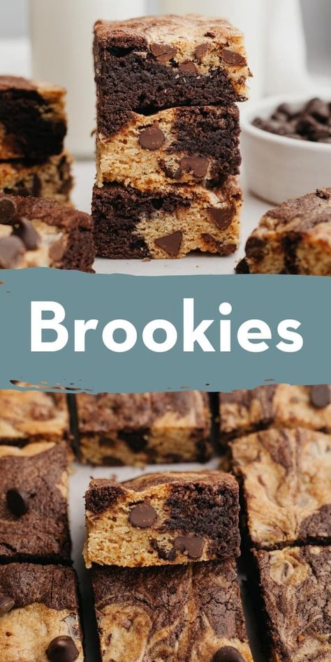 Brownie batter and cookie dough are swirled together to create these soft and chewy brookies. If you can't decide whether to make fudgy brownies or chewy chocolate chip cookies, now you can make both! Chocolate Chip Brookies Recipe, Homemade Brookies, Homemade Brookie Recipe, Brookies Recipe Cookie Brownies, Skillet Brookie Recipe, Brookies Recipe, Cookie Crisp, Baking Basics, Chewy Chocolate Chip