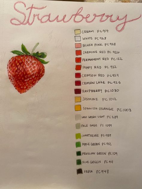 Strawberry drawing with colored pencils Strawberry Drawing Colored Pencil, Prismacolor Drawing Tutorials, Drawing Of Strawberry, Prismacolor Reference, Europe Scrapbook, Prismacolor Combinations, Prismacolor Combos, Colored Pencil Lessons, Prismacolor Drawing