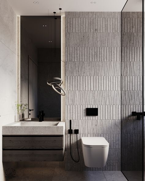 An attractive modern bathroom with a gray color scheme. Tiles, and cabinetry, is in a variety of gray tones , black fixtures completed the look.

#bathroom #bathroom_design #bathroom_interior
#gray_interior # gray_bathroom #ContemporaryBathroom #bathroomRedesign Small Bathroom Grey, Dark Grey Bathroom Ideas, Modern Bathroom Tiles Design Ideas, Japandi Bathroom Small, Light Gray Bathroom, Dubai Residence, Modern Bathroom Design Tile, Gray Toilet, Interior Design Toilet