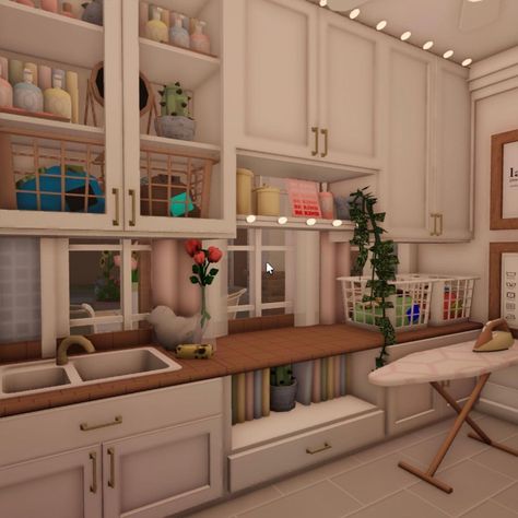 Preppy House Layout Bloxburg, Cute Bloxburg Laundry Room, Bloxburg Home Office, Bloxburg Laundry Room Ideas, Bloxburg Interior, Preppy House, Blocksburg Room Ideas￼, House Plans With Pictures, Bloxburg Houses