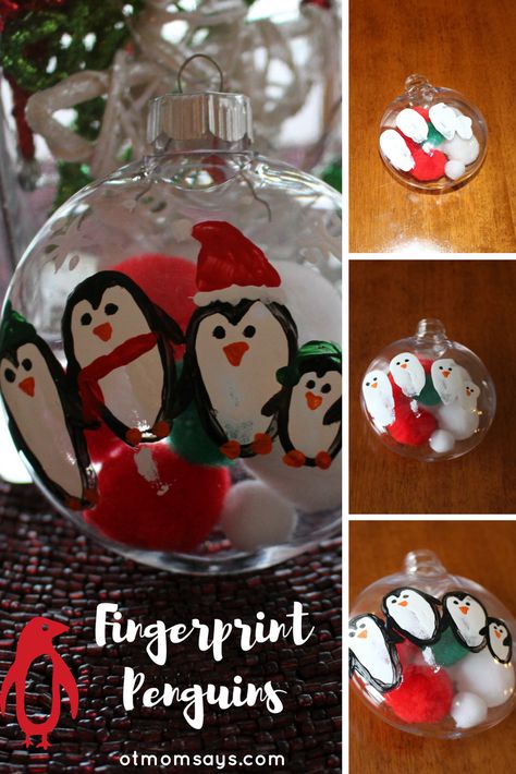 Diy Fingerprint Ornaments, Fingerprint Ornaments Christmas, Penguin Fingerprint Art, Finger Print Christmas Ornaments, Fingerprint Ornaments Kids, Finger Print Ornaments, Fingerprint Christmas Ornaments, Ornament Station, Christmas Orbs