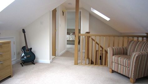 Open plan study with bedroom and bathroom in a dormer bungalow loft conversion. Loft Conversion Landing, Attic Conversion Bedroom, Organised Room, Bungalow Loft Conversion, Attic Renovation On A Budget, Loft Conversion Stairs, Loft Conversion Plans, Loft Rooms, Loft Conversion Bedroom