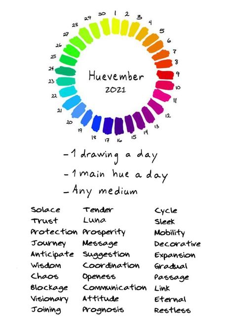 Here is the colour wheel and prompt list for the challenge this year. The premise behind this chalenge is to get better at colour mixing and to get better at creating tones,values.shades of single colours. You post online with the #Huvember2021 on what ever platform you usualy use.Many artists also creat vlogs on youtube each day of this challenge too. Art Promt, Promt List, Color Theory Art, Prompt List, List Challenges, Colour Mixing, Colour Wheel, Color Palette Challenge, Drawing Prompt