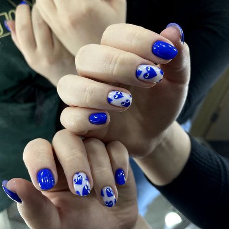 love heart blue nails eyes Heart With Eyes Nails Short, Cdg Heart Nails Blue, Nail Designs Cdg Heart, Love Heart With Eyes Nails, Blue Love Heart Nails, Heart With Eyes, Nail Inspo, You Nailed It, Cute Nails