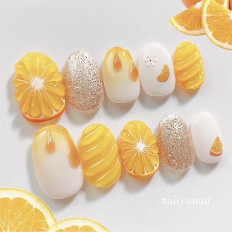 Fruit Nail Inspiration, Fruit Nail Art Designs, Fruits Nail Art, Nails Inspiration Yellow, Orange Fruit Nails, Cinnamon Nails, Nail Art Fruit, Fruit Nail Designs, Fruit Nail