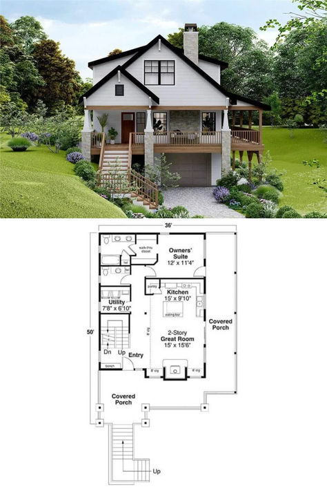 3-Bedroom Cottage with Wraparound Porch and Balcony Loft (Floor Plan) Bedroom Loft Style, Loft Floor Plan, Loft Floor, Wraparound Porch, Clapboard Siding, Mansion Floor Plan, Bedroom Cottage, Porch And Balcony, Wrap Around Porch