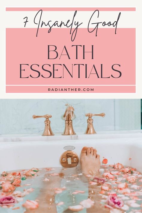 this is an image with text "7 Insanely Good Bath Essentials" Bath Tub Essentials, Bath Set Up, Bathtub Essentials, Bath Ideas Relaxing, Beauty Secrets Hair, Luxury Bath Products, Bath Relaxing, Care Organization, Bath Essentials