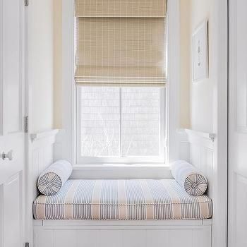 Shiplap Trim on Built In Window Seat - Transitional - Living Room Salons Cottage, Shiplap Trim, Blue Playroom, White Roman Shades, Built In Window Seat, Window Bench Seat, Minimalist Colorful, White Bookshelves, Window Benches