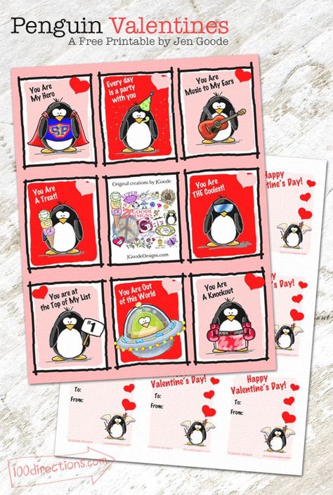 Free Penguin Valentines you can print yourself designed by Jen Goode Penguin Valentines, Penguin Room, Free Printable Valentines Cards, Classroom Valentine Cards, Valentine Picture, Valentine Art, Printable Valentines Cards, Free Printables For Kids, Things To Print