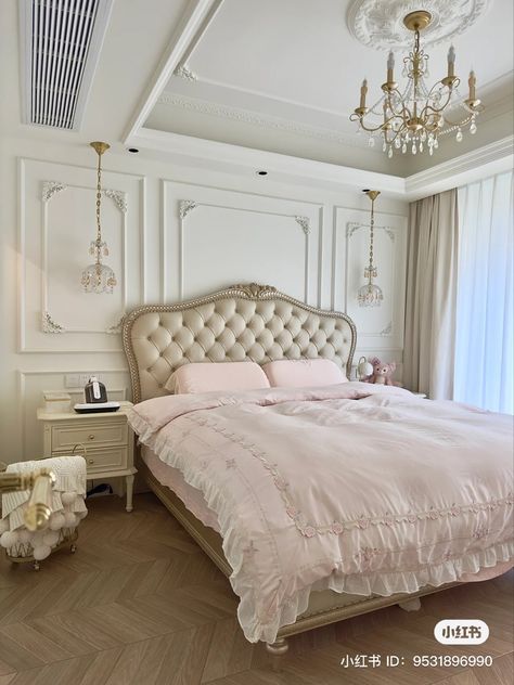 Big Coquette Bedroom, Royal Room Ideas, Royal Room Aesthetic, Headboard For Bed, Beds Double, White Coquette, Blush Bedroom, Double Headboard, Idea Aesthetic